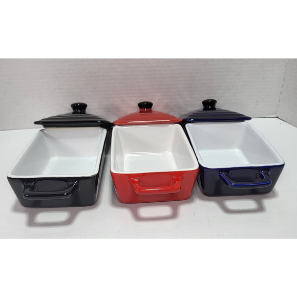 Mini Casserole Meatloaf Bread Loaf Bakeware w. Lid Red Black Navy Blue Set of 3 - Picture 4 of 9